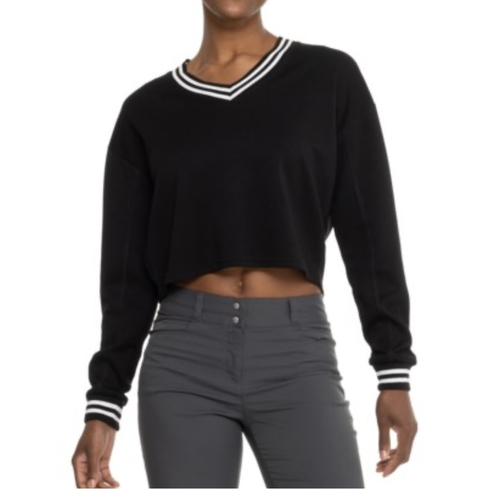 💚5/$25 Move Theology Chic Black V-Neck Crop Top with Striped Details Sz L